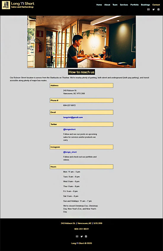 Contact page screenshot for Long 'N Short