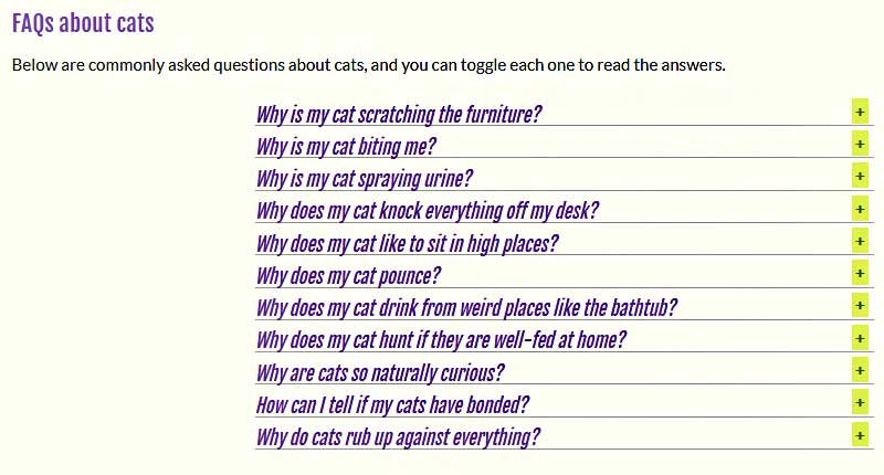 Close-up of Cat FAQs section