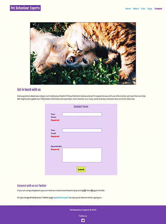 Screenshot of Contact page from Pet Behaviour Experts project