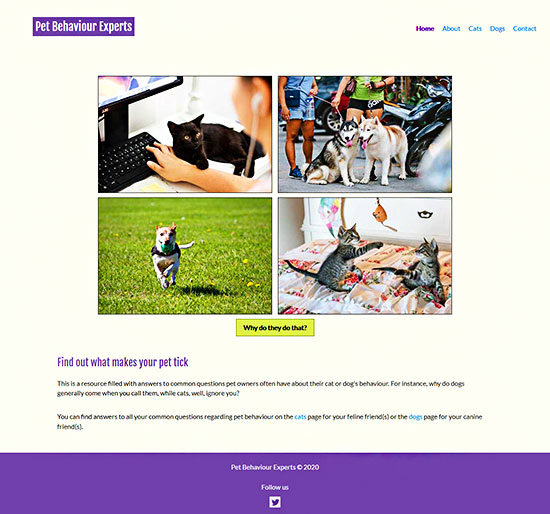 Home page screenshot for Pet Behaviour Experts