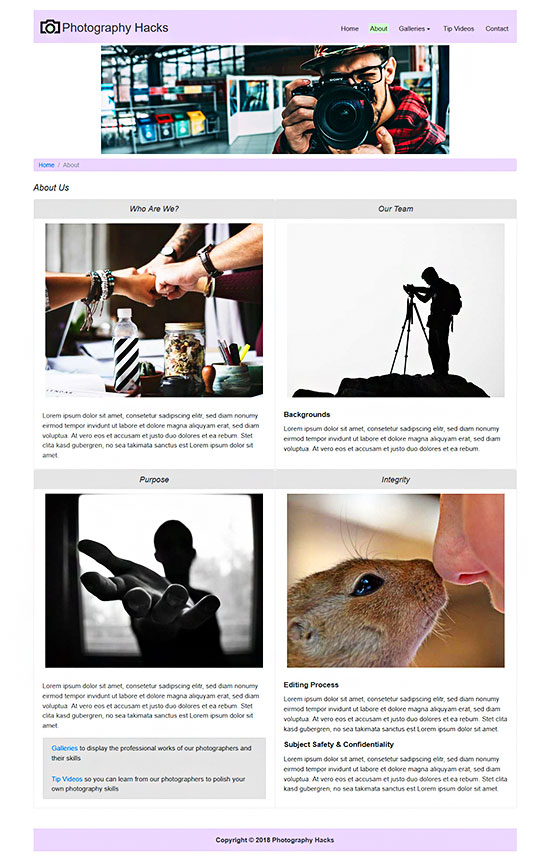 Layout for about page of Photography Hacks site