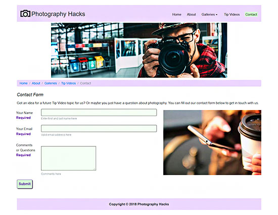 Layout for contact page of Photography Hacks site