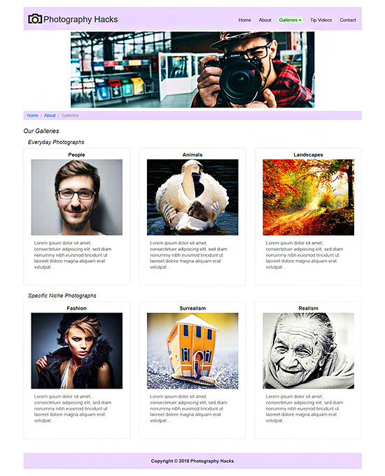 Layout for galleries page of Photography Hacks site