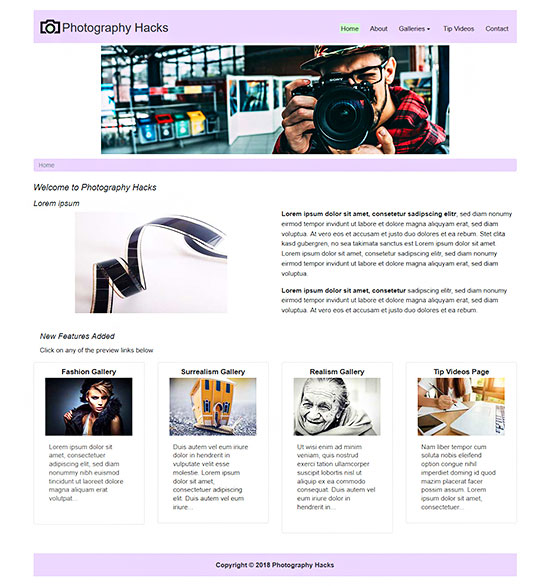 Layout for home page of Photography Hacks site