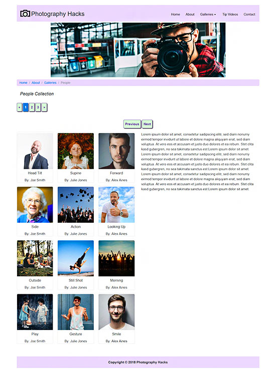 Layout for people collection gallery page of Photography Hacks site