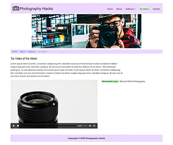 Layout for tip videos page of Photography Hacks site